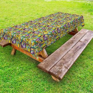 Ambesonne New Orleans Outdoor Tablecloth, Mardi Gras Party Elements Carnival Hats and Crowns Traditional Pattern, Decorative Washable Picnic Table Cloth, 58" X 104", Mustard Purple