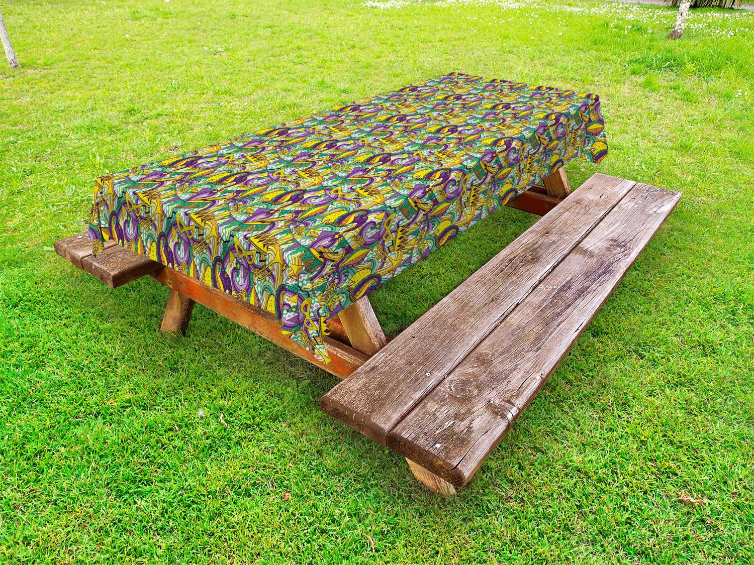 Ambesonne New Orleans Outdoor Tablecloth, Mardi Gras Party Elements Carnival Hats and Crowns Traditional Pattern, Decorative Washable Picnic Table Cloth, 58" X 104", Mustard Purple