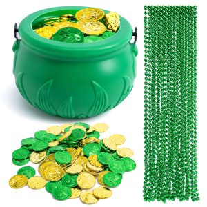 JOYIN 119 Pcs St. Patrick’s Party Supplies Set, 18 Bead Necklaces, 100 Plastic Coins and 1 Cauldron, St Patrick’s Day Party Favor Supply (Green Cauldron, Bead Necklace, Green and Gold Coins)