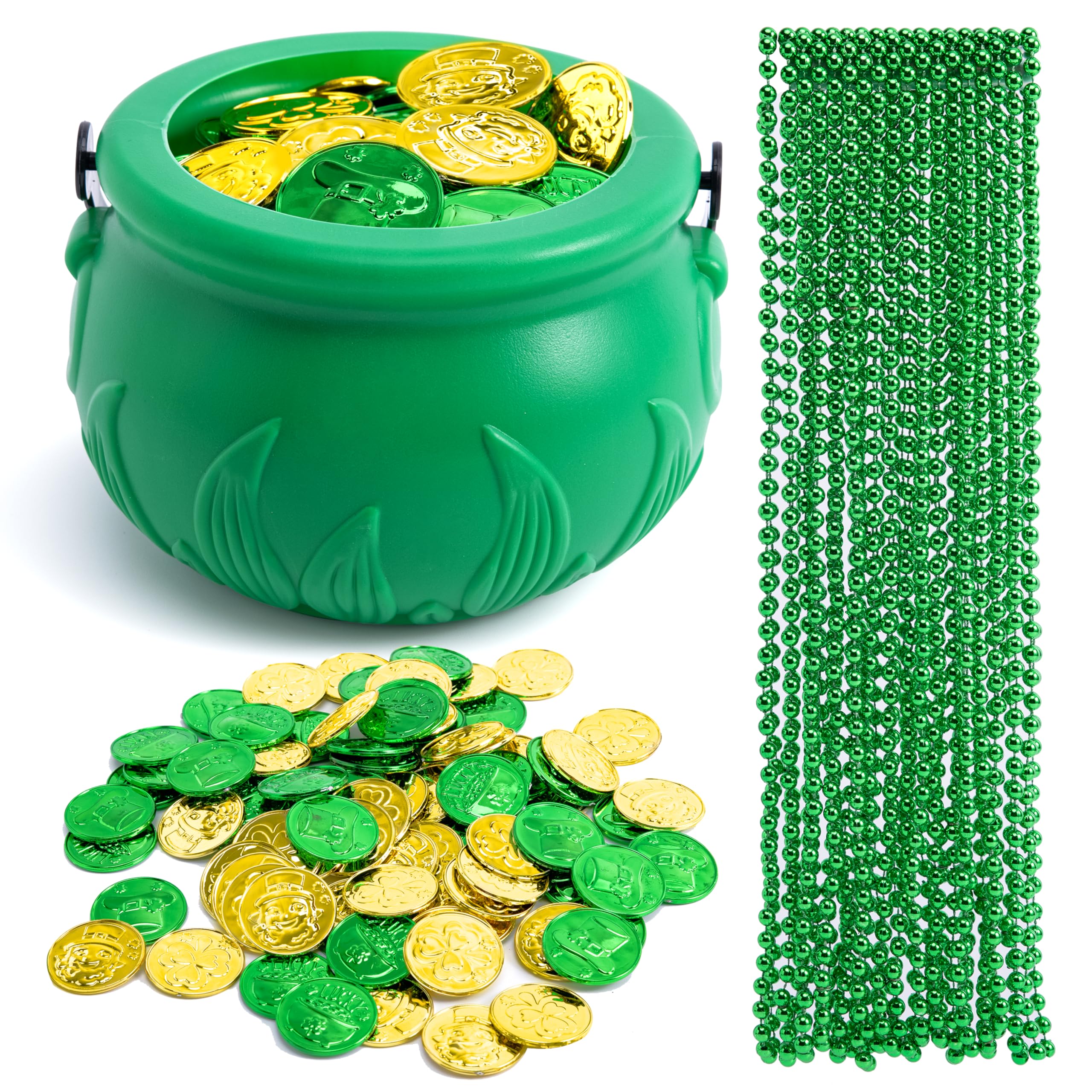 JOYIN 119 Pcs St. Patrick’s Party Supplies Set, 18 Bead Necklaces, 100 Plastic Coins and 1 Cauldron, St Patrick’s Day Party Favor Supply (Green Cauldron, Bead Necklace, Green and Gold Coins)