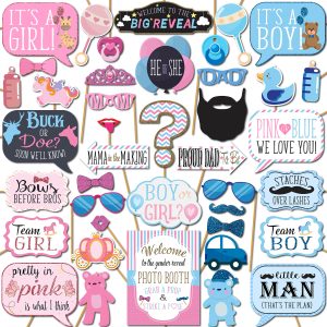 Gender Reveal Photo Booth Props - 41-pc Photobooth Kit with 8 x 10-Inch Sign, 60 Adhesive Pads, 45 Sticks - Baby Gender Reveal Party Supplies for Backdrop