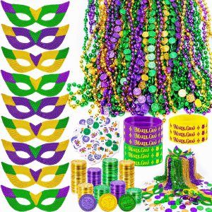 MGparty 216 PCS Mardi Gras Accessories - Masks Beads Necklaces Coins Tattoos Bracelets Carnival Parade Masquerade Party Decorations Supplies