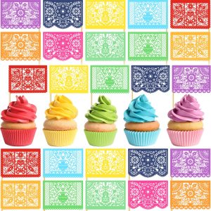 Epakh 60 Pcs Mexican Fiesta Cupcake Toppers Mini Paper Papel Picado Banner