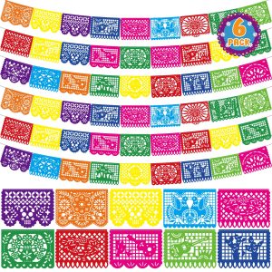 6 PCS Cinco De Mayo Banner, 110FT Colorful Fiesta Party Decorations, Plastic Hanging Papel Picado Mexican Banner for Dia De Los Muertos Decorations Day of Dead Altar Kit Fiesta Decor Party Favor