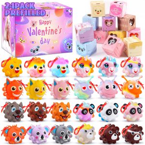 Valentines Day Gifts for Kids, 24 Pack Prefilled Valentines Box with 3D Animal Pop Balls, Valentines Party Favors School Classroom, Valentines for Class, Valentines Exchange Gifts for Boys Girls
