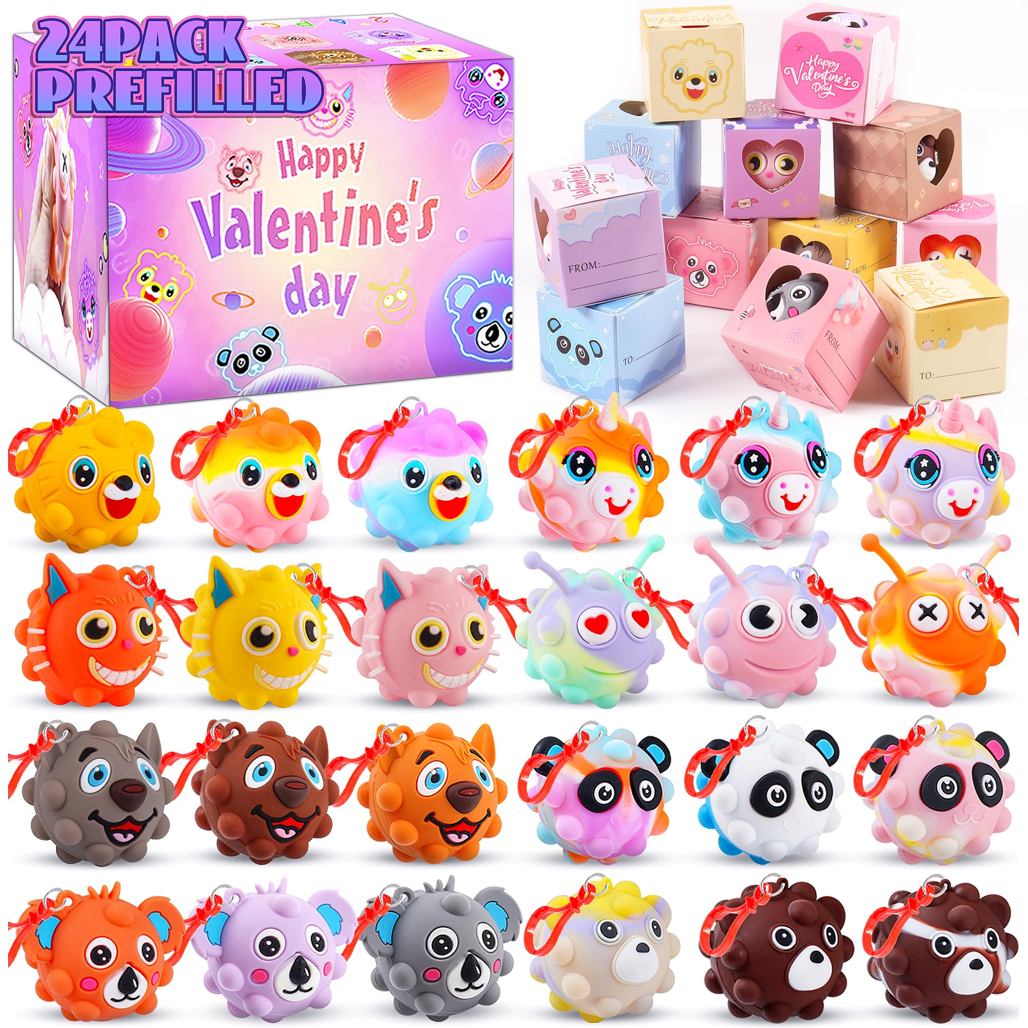 Valentines Day Gifts for Kids, 24 Pack Prefilled Valentines Box with 3D Animal Pop Balls, Valentines Party Favors School Classroom, Valentines for Class, Valentines Exchange Gifts for Boys Girls