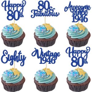Ephlyn 30Pcs Happy 80th Birthday Cupcake Toppers Glitter Eighty 80 Fabulous Vintage 1946 Cupcake Picks for 80th Birthday Anniversary Retirement Party Cake Decorations Supplies Dark Blue