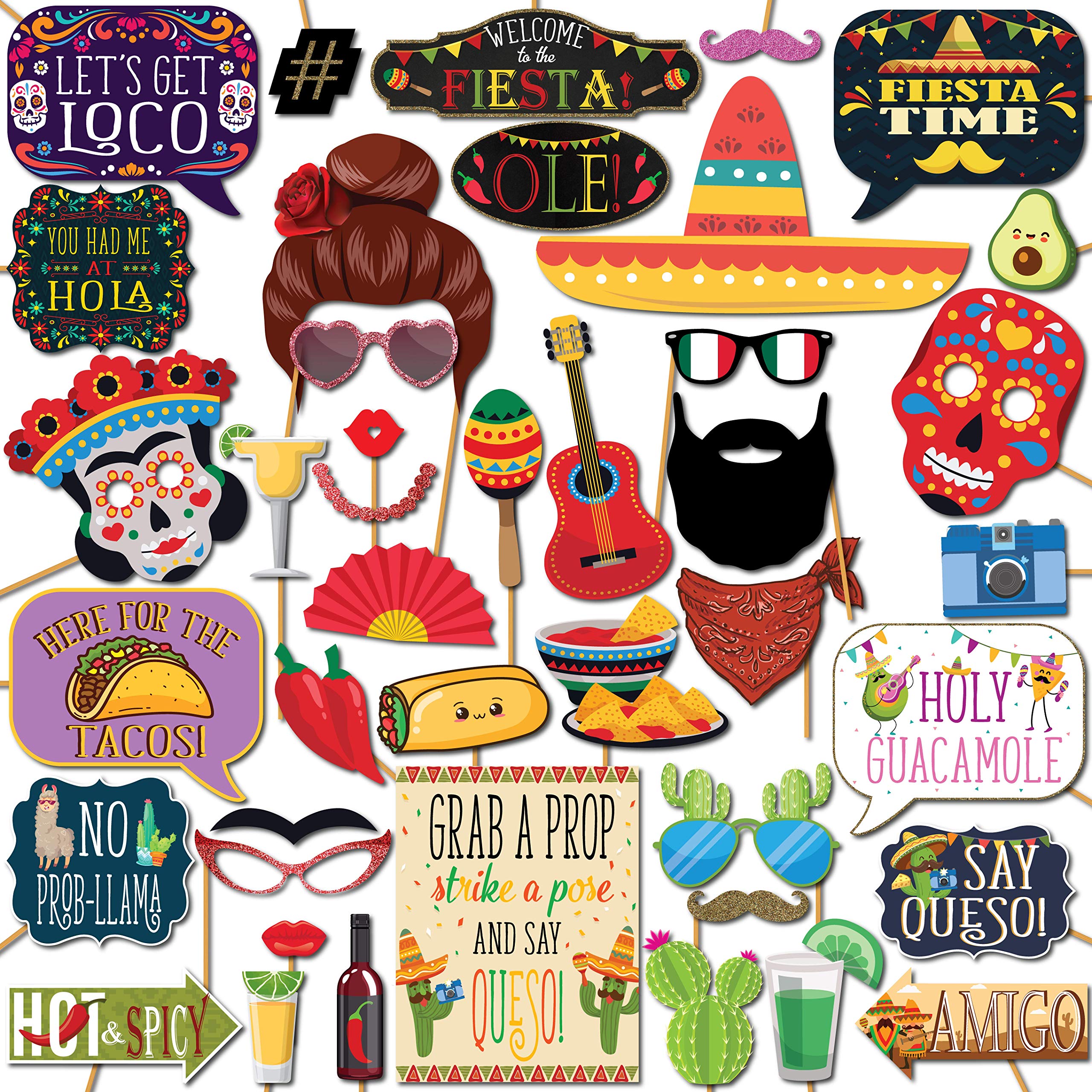 Fiesta Photo Booth Props - 41-pc Photobooth Kit with 8 x 10-Inch Sign, 60 Adhesive Pads, 45 Sticks - Mexican Photo Prop - Fiesta Props - Photo Booth Props Cinco de Mayo