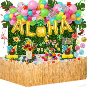 153Pcs Hawaiian Aloha Luau Party Decorations, Tropical Summer Beach Birthday Supplies Grass Table Skirt Hanging Swirl Aloha Balloon Garland Honeycomb Centerpiece Hibiscus Palm Leaves Straws CakeTopper