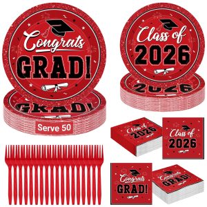 QZYL 200Pcs Graduation Supplies Set 2026, Red Graduation Plates, Napkins, Dessert Plates and Plastic Forks for 50 Guests, Grad Party Disposable Tableware for Wedding, Birthday, Graduation