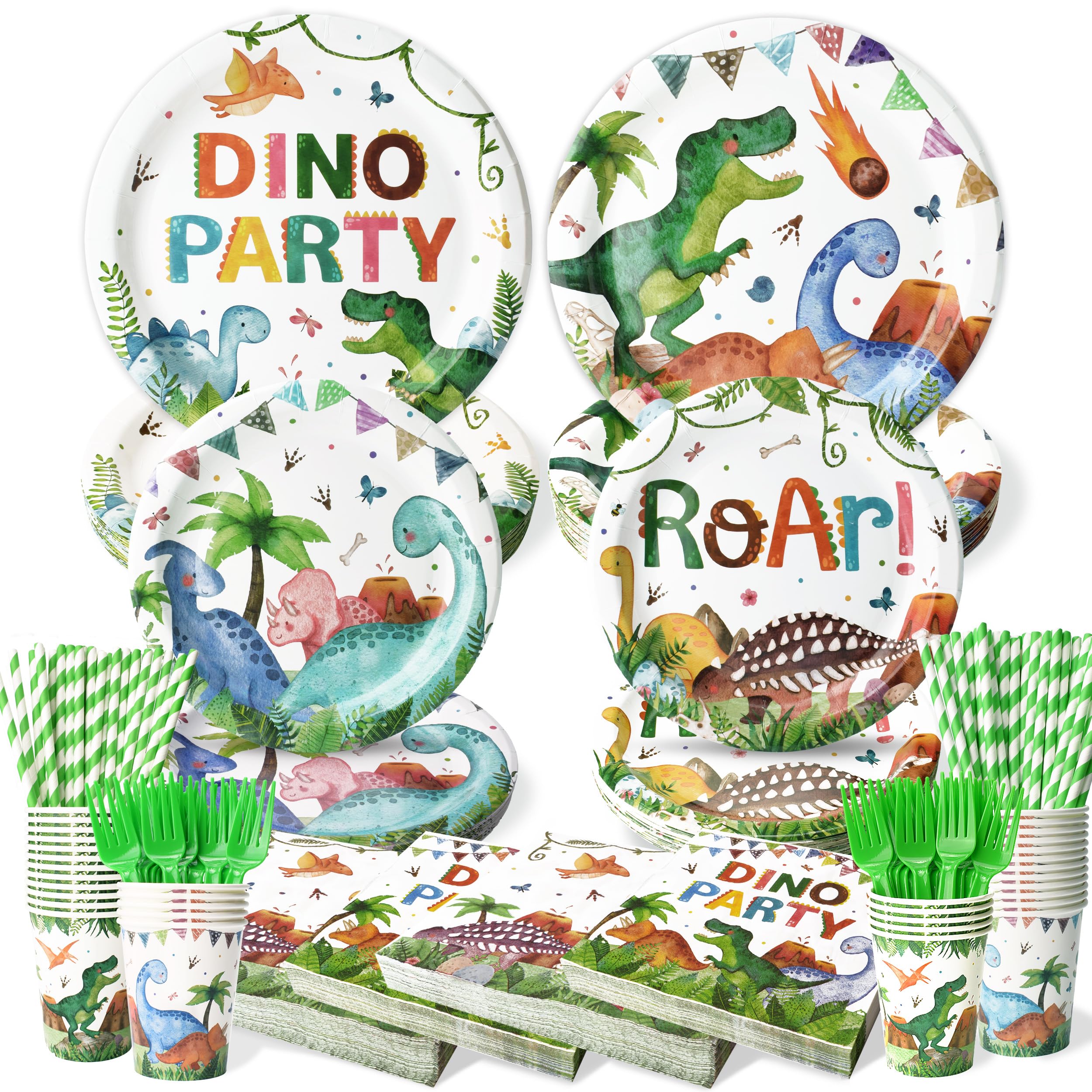 300 Pcs Dinosaur Plates and Napkins (Serves 50 Guests), Dinosaur Birthday Party Supplies Include Forks Cups Straws Tableware Set for Kids Party Decorations