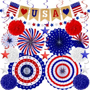 26 PCS 4th of July Decorations, 250th Memorial Day Red White Blue Paper Fans Decorations, 4th of July Banner Pompom Garland and Hanging Swirls Set for Fourth of July Independence Day Decor