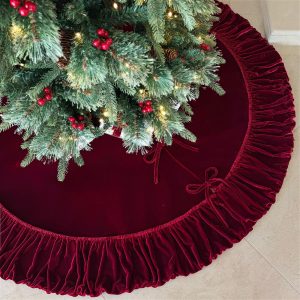 60-Inch Ruffled Velvet Christmas Tree Skirt, Burgundy