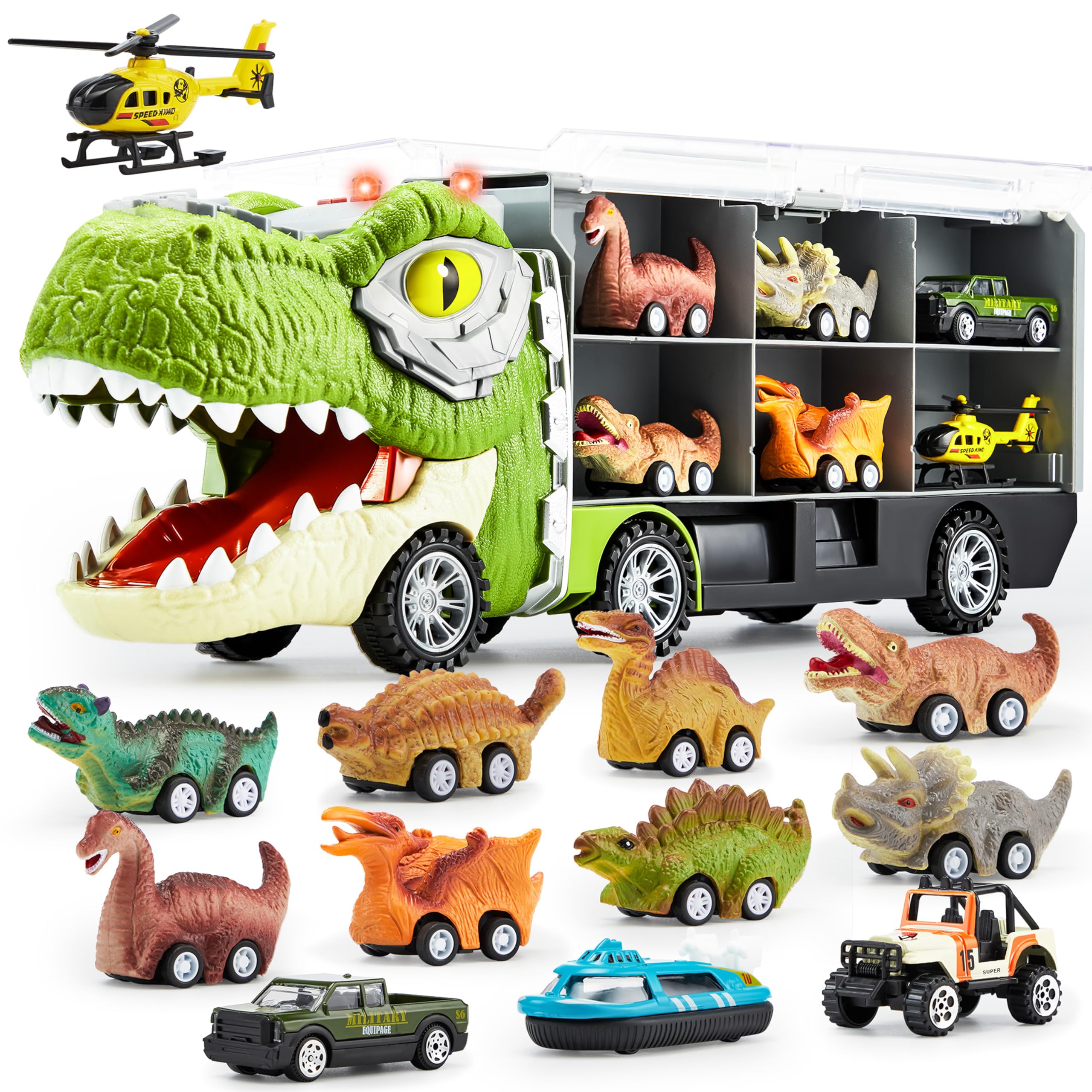 JOYIN 13 in 1 Dinosaur Toys for Kids 3-5, Transport Dinosaur Carrier Truck with 12 Pull Back Cars, Kids Toys 3-4 Birthday Gifts for 3 4 5+ Year Old Boys