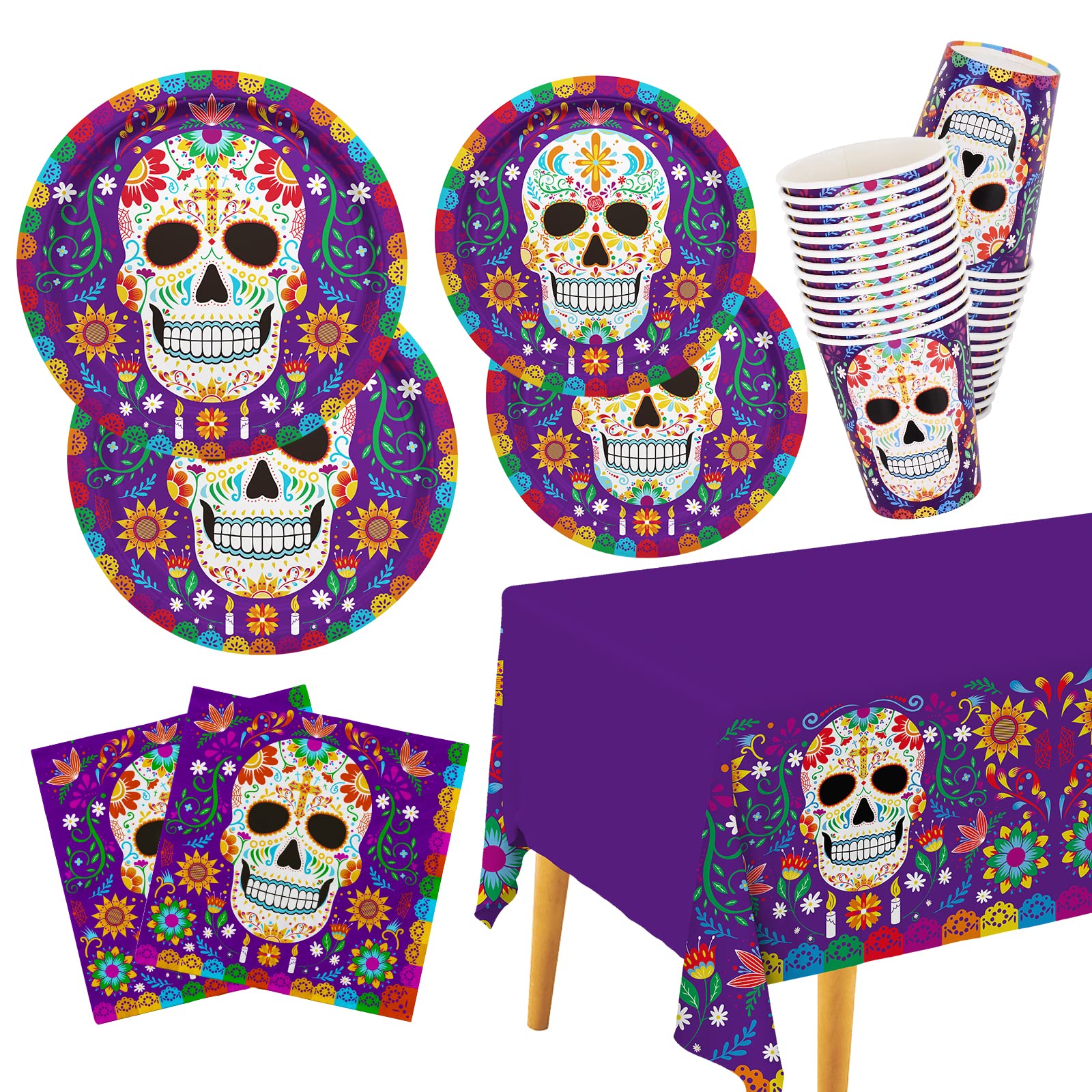 Day of the Dead Party Supplies Kit Serve 25, Includes Disposable Sugar Skull Dinner Plates, Dessert Plates, Napkins, Cups and Tablecloth, Día de los Muertos Party Decorations