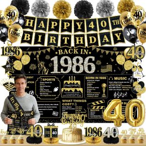 40th Birthday Decorations for Men Black Gold, 63PCS 40th Birthday Party Supplies Includes Banner, Backdrop, Balloons, Hanging Swirls for 40 Year Old Birthday Party Decorations Gifts for Him