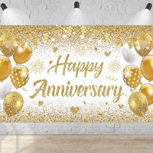 White Gold Happy Wedding Anniversary Banner for 5 10 15 20 25 30 40 50 for Couple, Happy Anniversary Decorations, Surprise for Parents Cheers to Wedding Supplies 71x43in