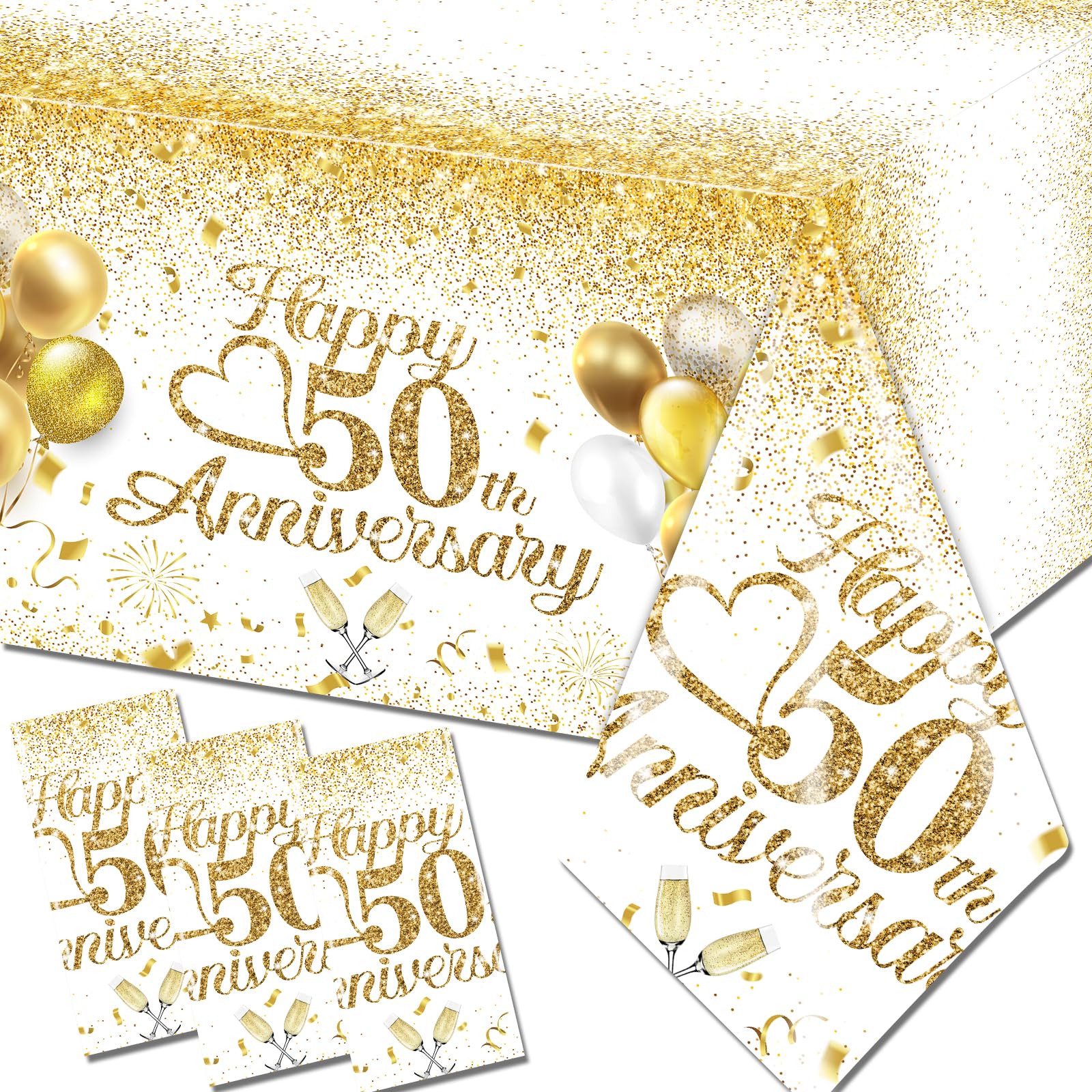 Dydamud Happy 50th Anniversary Table Cloth,50 Year Anniversary Decorations 3Pcs White and Gold Tablecloth Waterproof Rectangular Table Cover for 50 Year Old Birthday Party Supply
