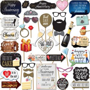 Anniversary Photo Booth Props - 41-pc Photobooth Kit with 8 x 10-Inch Sign, 60 Adhesive Pads, 45 Sticks - Wedding Anniversary Photo Props - Wedding Photo Booth Props