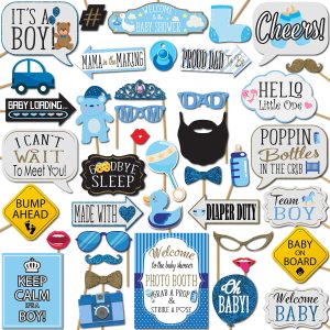 Boy Baby Shower Photo Booth Props - 41-pc Photo Booth Kit with 8 x 10-Inch Sign, 60 Glue Dots, 45 Sticks - Picture Props for Baby Shower
