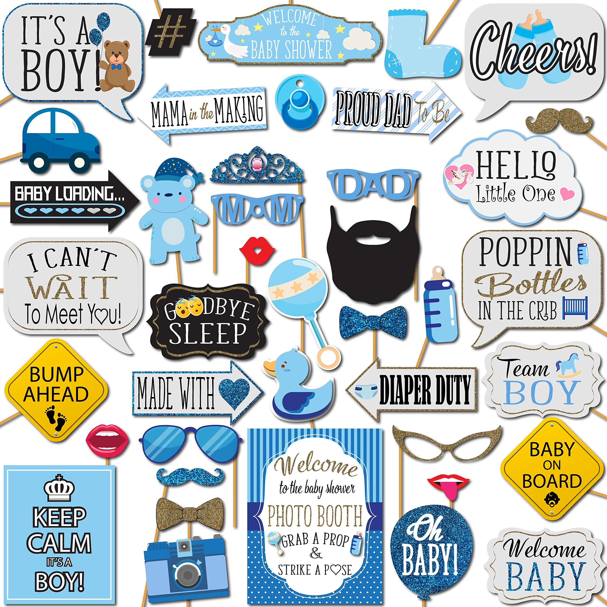 Boy Baby Shower Photo Booth Props - 41-pc Photo Booth Kit with 8 x 10-Inch Sign, 60 Glue Dots, 45 Sticks - Picture Props for Baby Shower