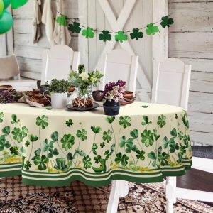 Yighty St Patricks Day Tablecloth, Green Oval Tablecloth 54x72 Inch, Polyester Waterproof Tablecloth, Shamrock Gold Coins St. Patrick's Day Holiday Kitchen Table Decoration for Dinner, Party