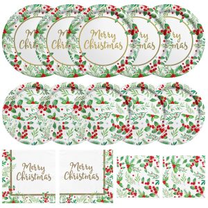 Christmas Party Supplies, Serve 50, Christmas Seasonal Holly Tableware Includes: Paper Dinner Plates, Dessert Plates, Luncheon Napkins and Beverage napkins, Great for Party Decorations