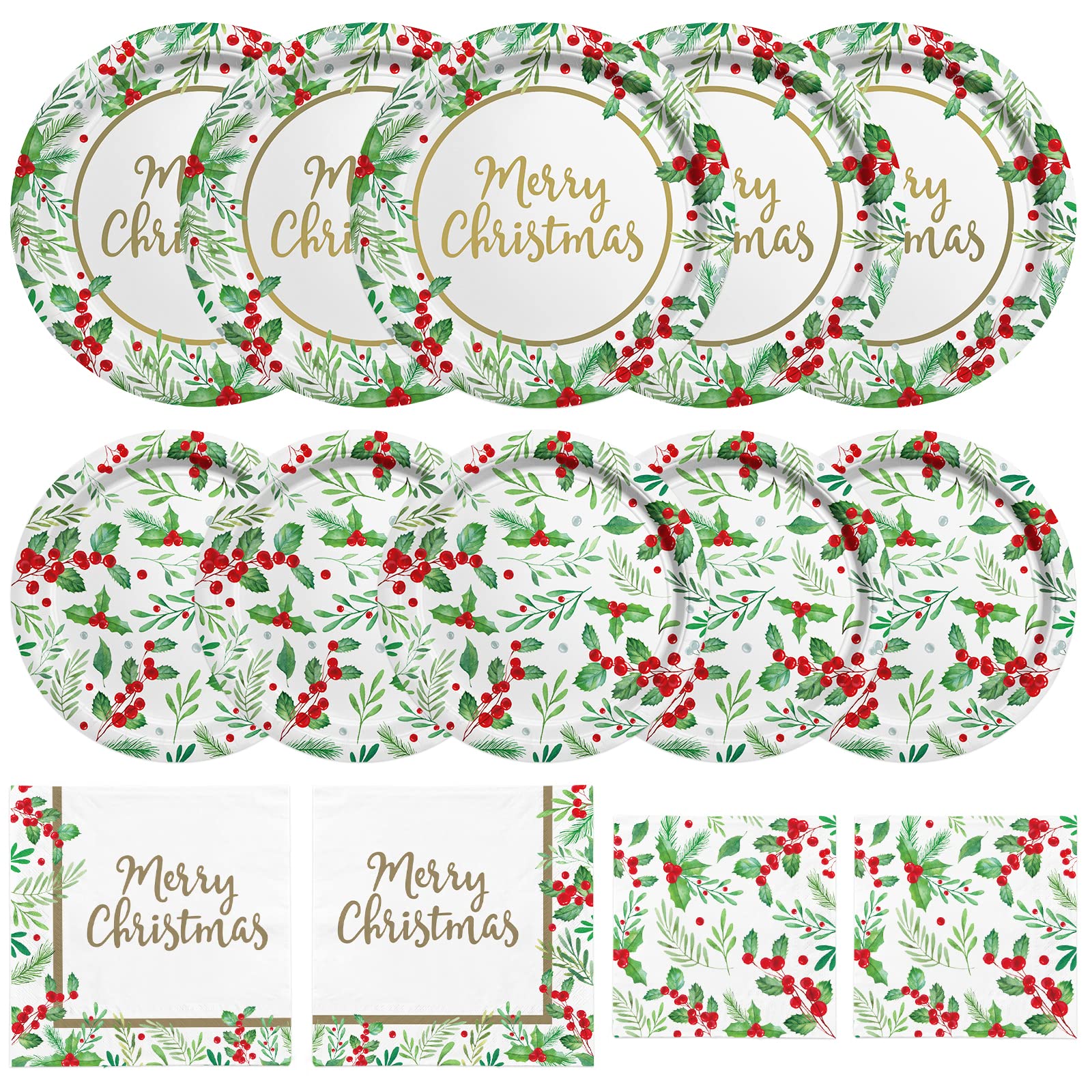 Christmas Party Supplies, Serve 50, Christmas Seasonal Holly Tableware Includes: Paper Dinner Plates, Dessert Plates, Luncheon Napkins and Beverage napkins, Great for Party Decorations