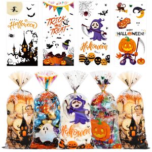 QOIUSO Halloween Cellophane Treat Bags - 50PCS Clear Plastic Goodie Bags with Twist Ties for Candy, Cookies, Snacks, Trick or Treat Gift Packing & Party Favors