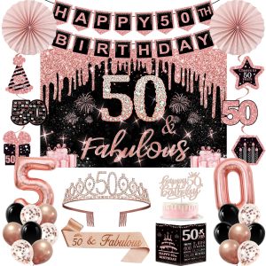 50th Birthday Decorations for Women, 32pcs 50th Birthday Party Decorations | Including Backdrop, Crown, Sash,…