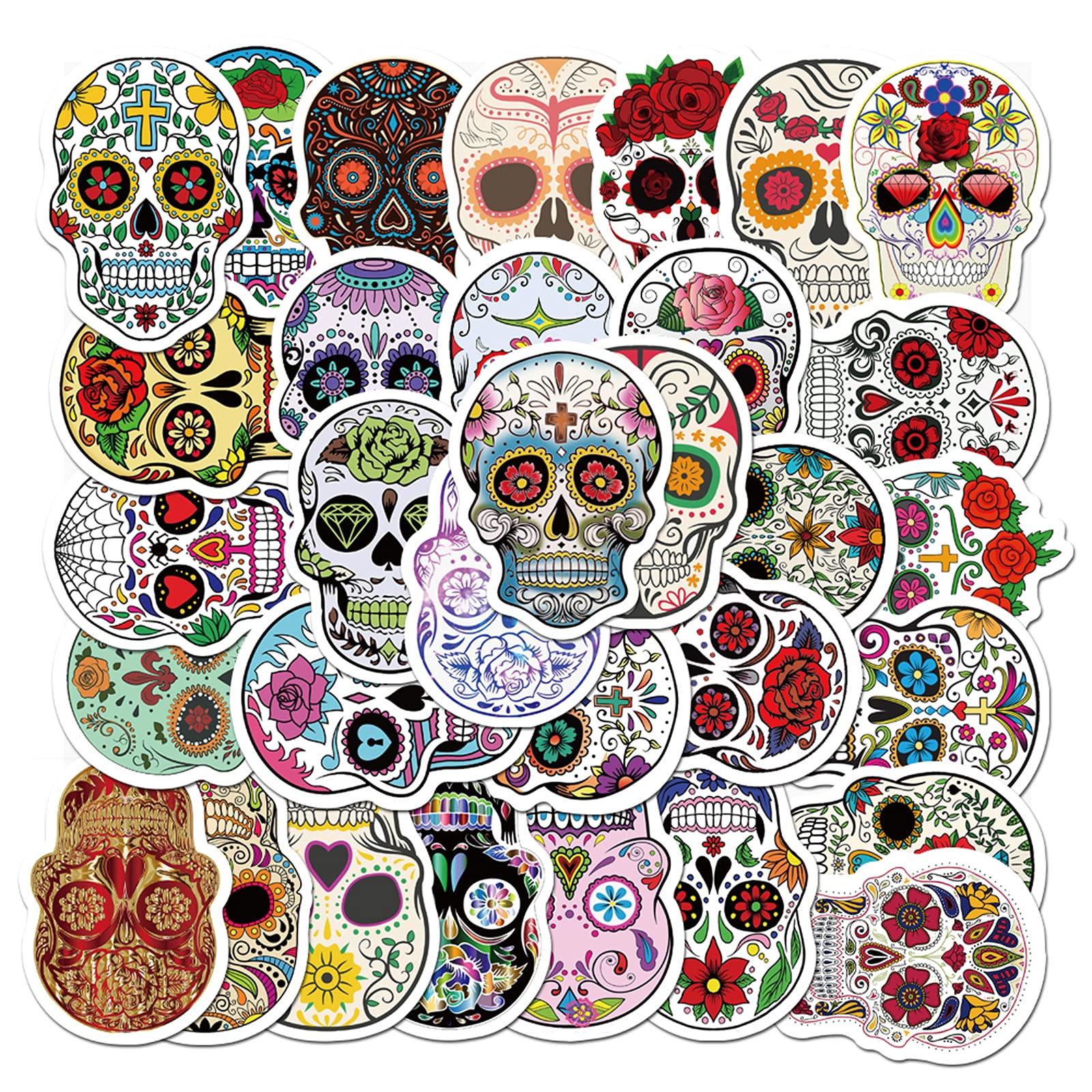 50pcs Halloween Sugar Skull Stickers, Dia de Los Muertos Mexican Day of Dead Stickers Decals, Candy Skull Stickers for Laptop Water Bottle Luggage Bike Computer