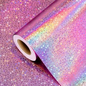 Burymento Pink Wrapping Paper Roll, Metallic Holographic Star Gift Wrap for Birthday, Valentines, Mothers day, Graduation, Wedding, Fathers day, Baby Shower, Christmas (17 IN x 32.8 FT)