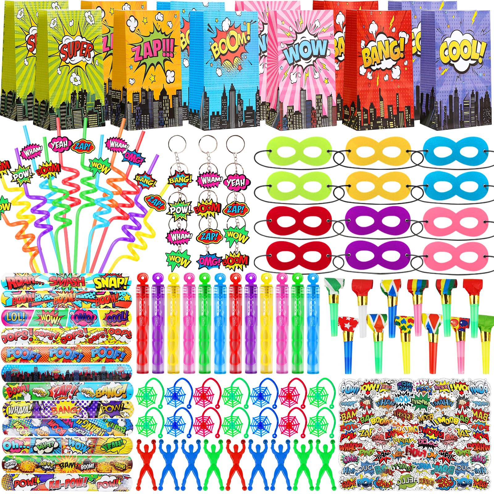 208Pcs Hero Party Favors Pack - for 12 Guests, Hero Birthday Party Supplies, with Mask Straw Slap Bracelets Keychain Party Blowers Stickers Sticky Hands for Goodie Bag Stuffer, Pinata Filler