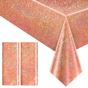 2 pcs Rose Gold Holographic Table Cloth 40" x 108" Shiny Bachelorette Party Decorations Plastic Laser Sparkly Tablecloth Glitter Table Decor for Wedding Anniversary Event Birthday Party Supplies