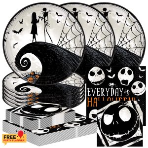 Amscan Nightmare Before Christmas Dinnerware Bundle Set - Dinner Plates 9", Luncheon & Beverage Napkins - Halloween Birthday Party Supplies and Decor Decorations for Kid Parties