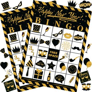 Joy Bang New Years Games for Kids Adults, New Years Bingo Cards 24 Players for Family Friends Large Group, New Years Crafts Activities Party Favors Supplies Gifts for Children