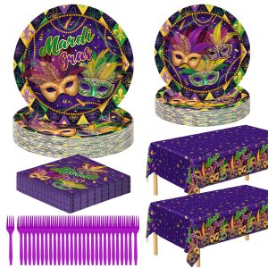 QZYL 122PCS Mardi Gras Decorations, Disposable Mardi Gras Plates and Napkins, Purple Masquerade Mask Plates Napkins Fork Tablecloth, New Orleans Decor for Masquerade Party Fat Tuesday Favors Serve 30