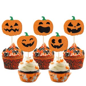 30 PCS Glitter Jack-O-Lantern Cupcake Toppers - Halloween Cupcake Picks for Kids Birthday Festival Party Cake Decorations
