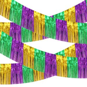 4 Pack 39 Feet Green Gold Purple Foil Fringe Garland Metallic Tinsel Streamers Banner Fringe Backdrop Banner for Parade Floats Mardi Gras Birthday Party Homecoming Decoration (Green Gold Purple)…