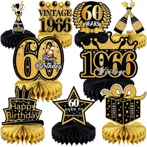 9 Pcs 60th Birthday Decoration for Men Women Table Honeycomb Sixty Decor