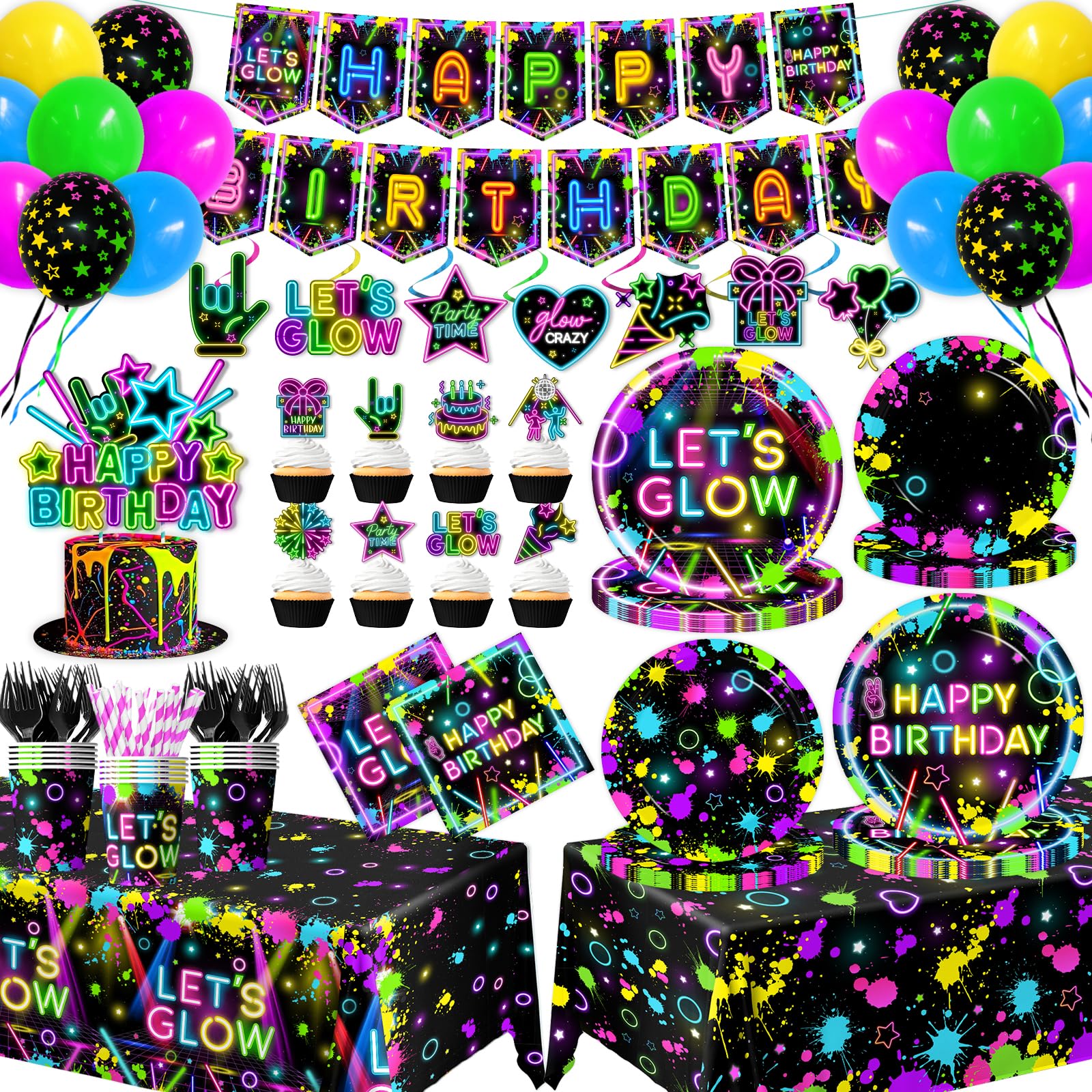 Neon Party Supplies Serves 24,Glow in The Dark Themed Tableware Including Plates,Napkins,Banner,Tablecloths Neon Birthday Party Decorations for Let's Glow Baby Shower Birthday Favors