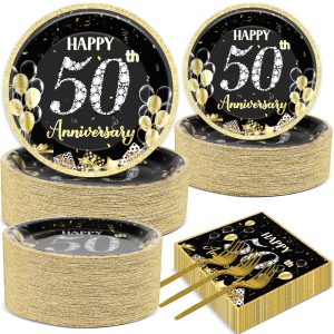 50 Guests 50th Anniversary Plates Napkins Party Supplies Employee Career Wedding Party Decoration Disposable Paper Cake Tableware Sets Party Dinnerware Favors Fiftieth Anniversary, 200PCS