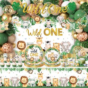 Wild Birthday Decorations,Safari Birthday Decorations 277Pcs Wild Plates and Napkin Sets Banner Backdrop Tablecloth Cake Topper Balloon Garland for Jungle 1st birthday Decorations
