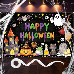 6x4ft Happy Halloween Banner, with Stretchy Spider Web Chalkboard Backdrop