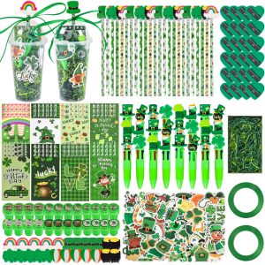 LiYiQ 247 Pcs St Patrick's Day Party Favors Return Gifts for Party, Student Stationery Gifts from Teacher, Pencil Erasers Notebooks Stickers for Classroom Birthday Goodie Bags Rewards Prizes
