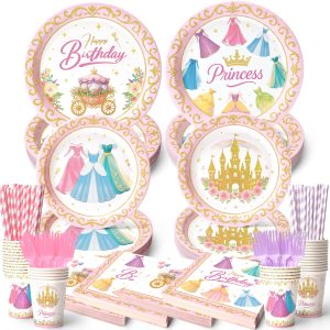 300 Pcs Princess Paper Plates Napkins, Birthday Party Supplies Include Forks Cups Straws, Summer Party Tableware Set for Kids, Serves 50 Guests