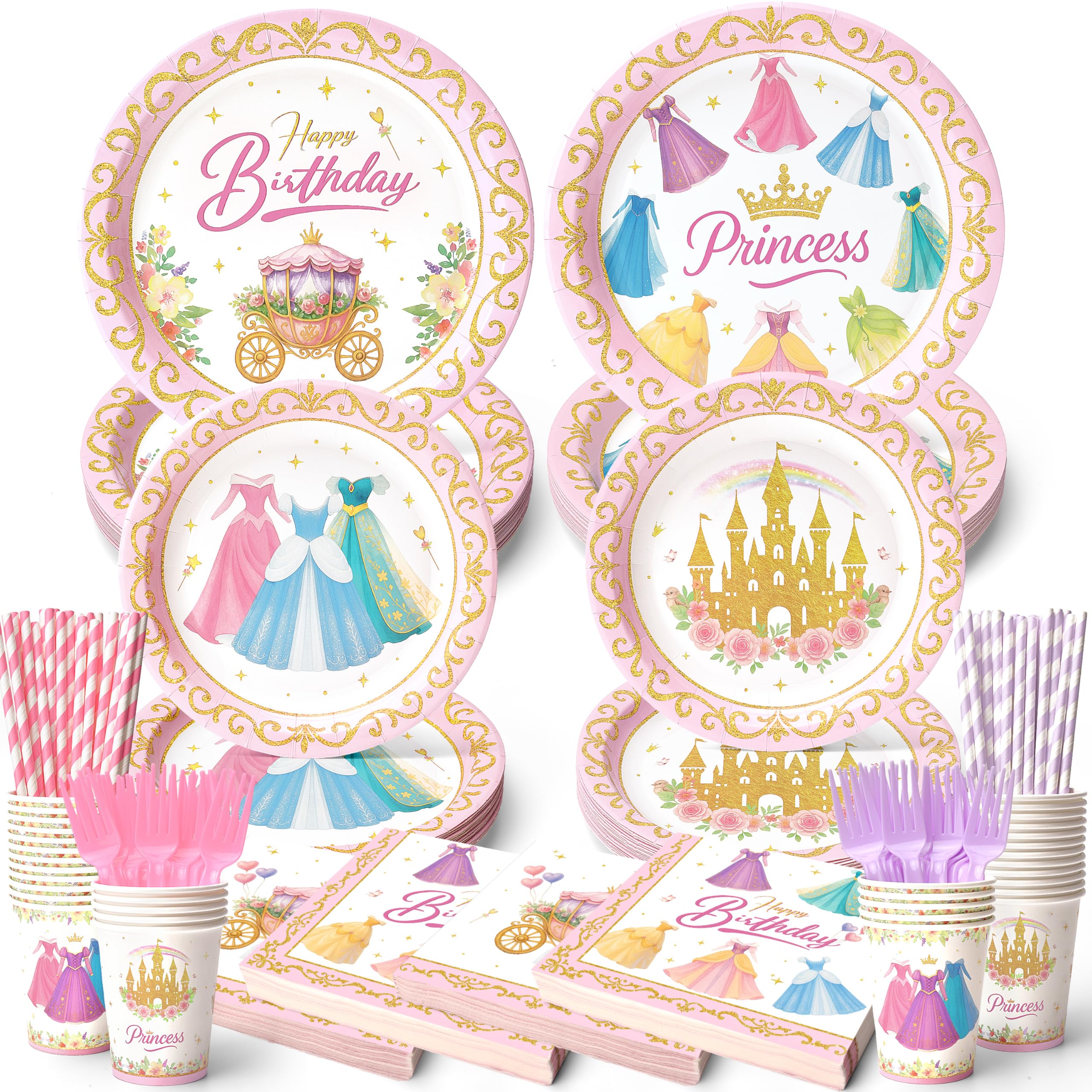 300 Pcs Princess Paper Plates Napkins, Birthday Party Supplies Include Forks Cups Straws, Summer Party Tableware Set for Kids, Serves 50 Guests