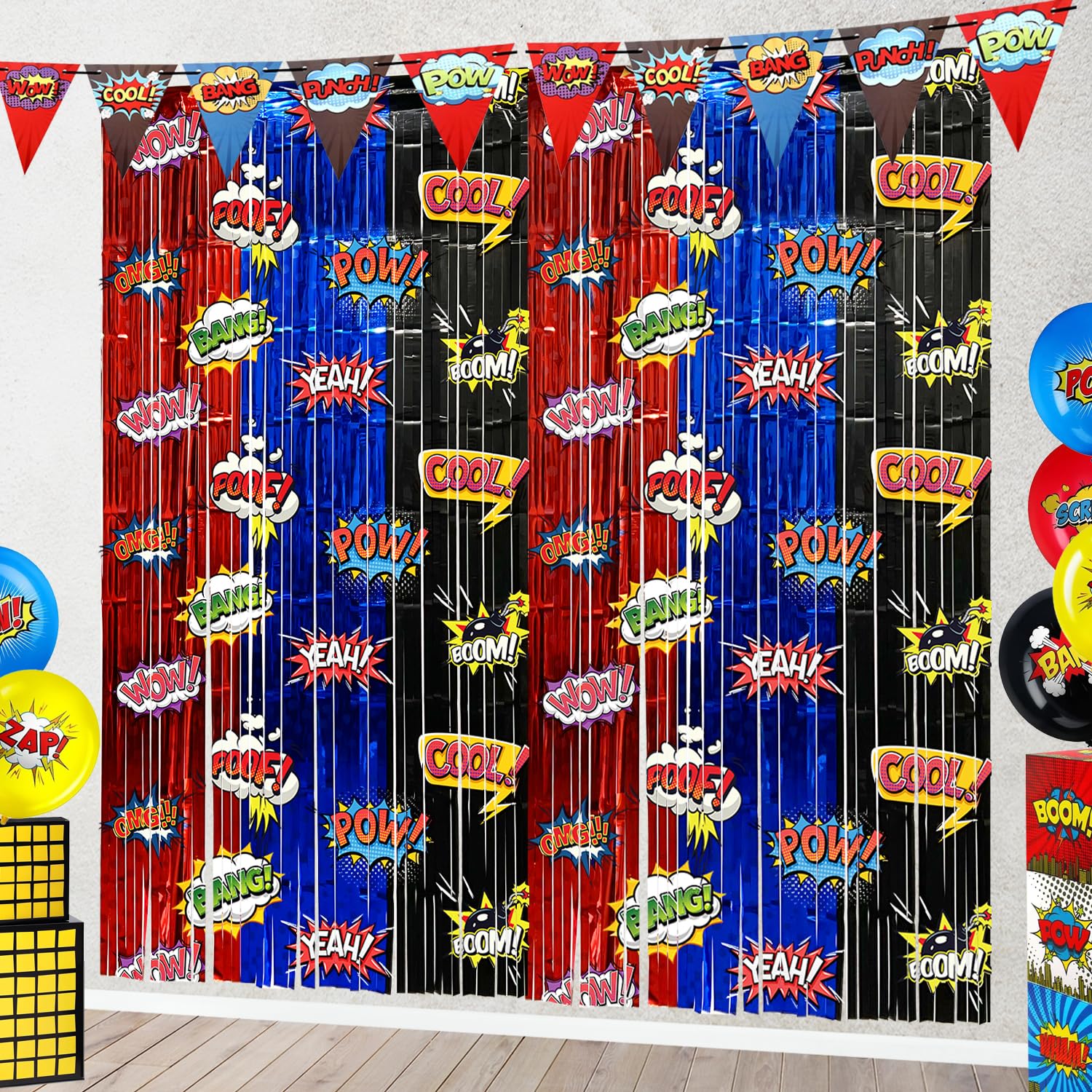 Hero Foil Fringe Curtains Backdrop Birthday Party Decorations, 2 Pack