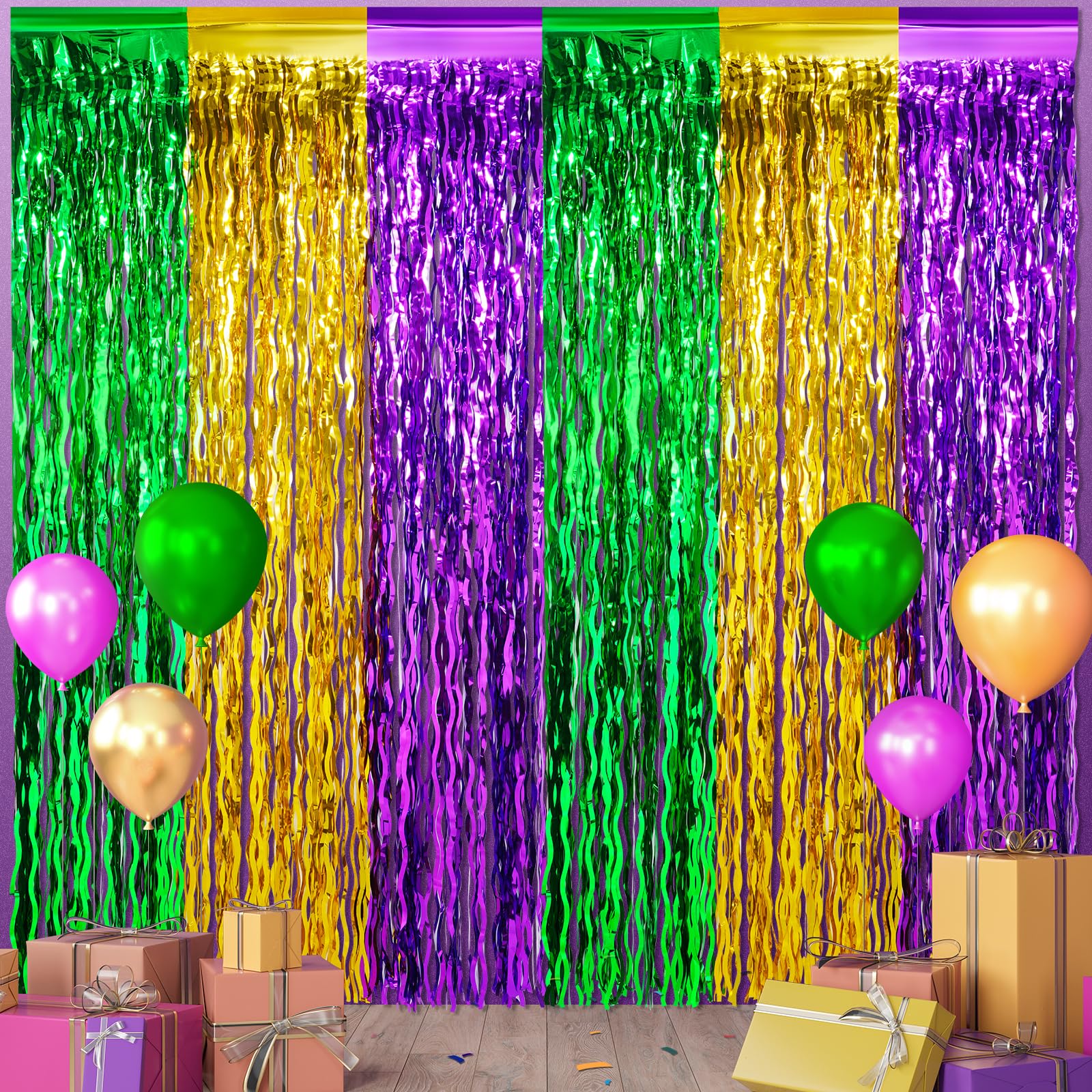 6 Pack 3.3Ft x 6.6Ft Mardi Gras Wavy Foil Fringe Curtain Backdrop Decorations, Purple Gold Green Metallic Tinsel Foil Streamers Curtain Photo Background for Mardi Gras Carnival Wedding Birthday Party
