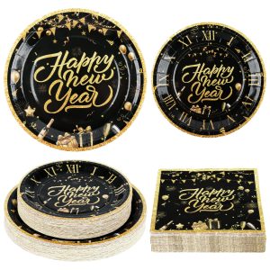 150Pcs New Years Eve Plates & Napkins, Black and Gold NYE Party Dinnerware